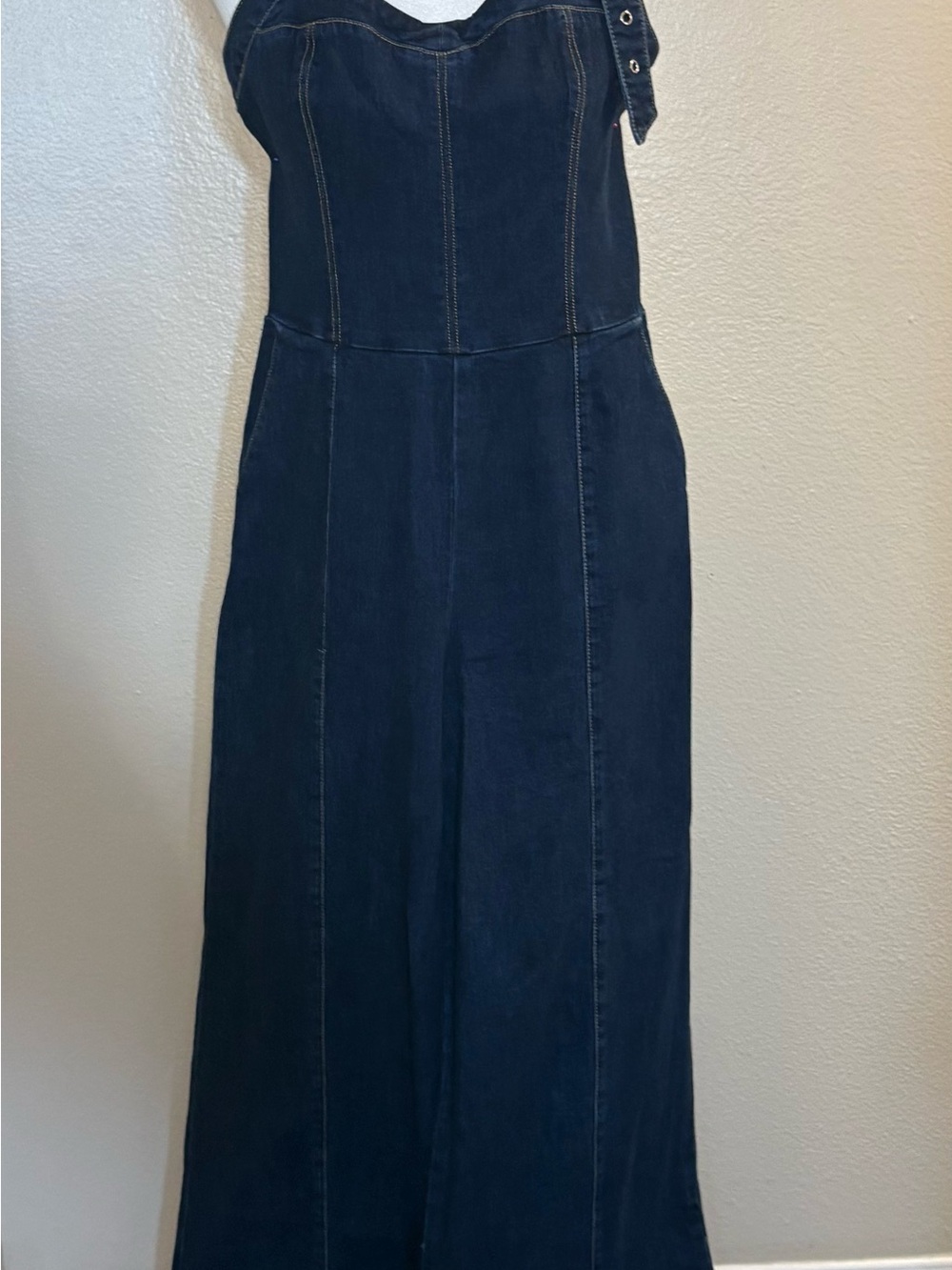 Bebe Halter Neck Buckle Detail Wide Leg Denim Jumpsuit - Picture 5 of 11